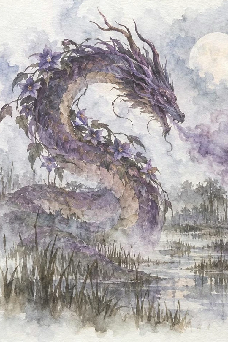 Nightshade Dragon: a purple dragon of nightshade leaves coiled over a misty marsh, in ink and watercolour.